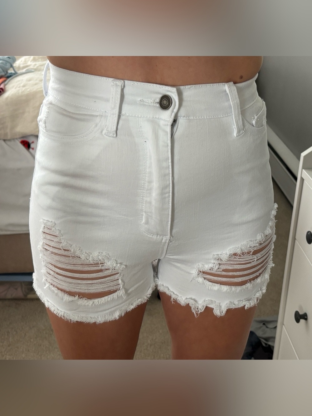 Fashion Nova White Distressed High-Rise Denim Shorts